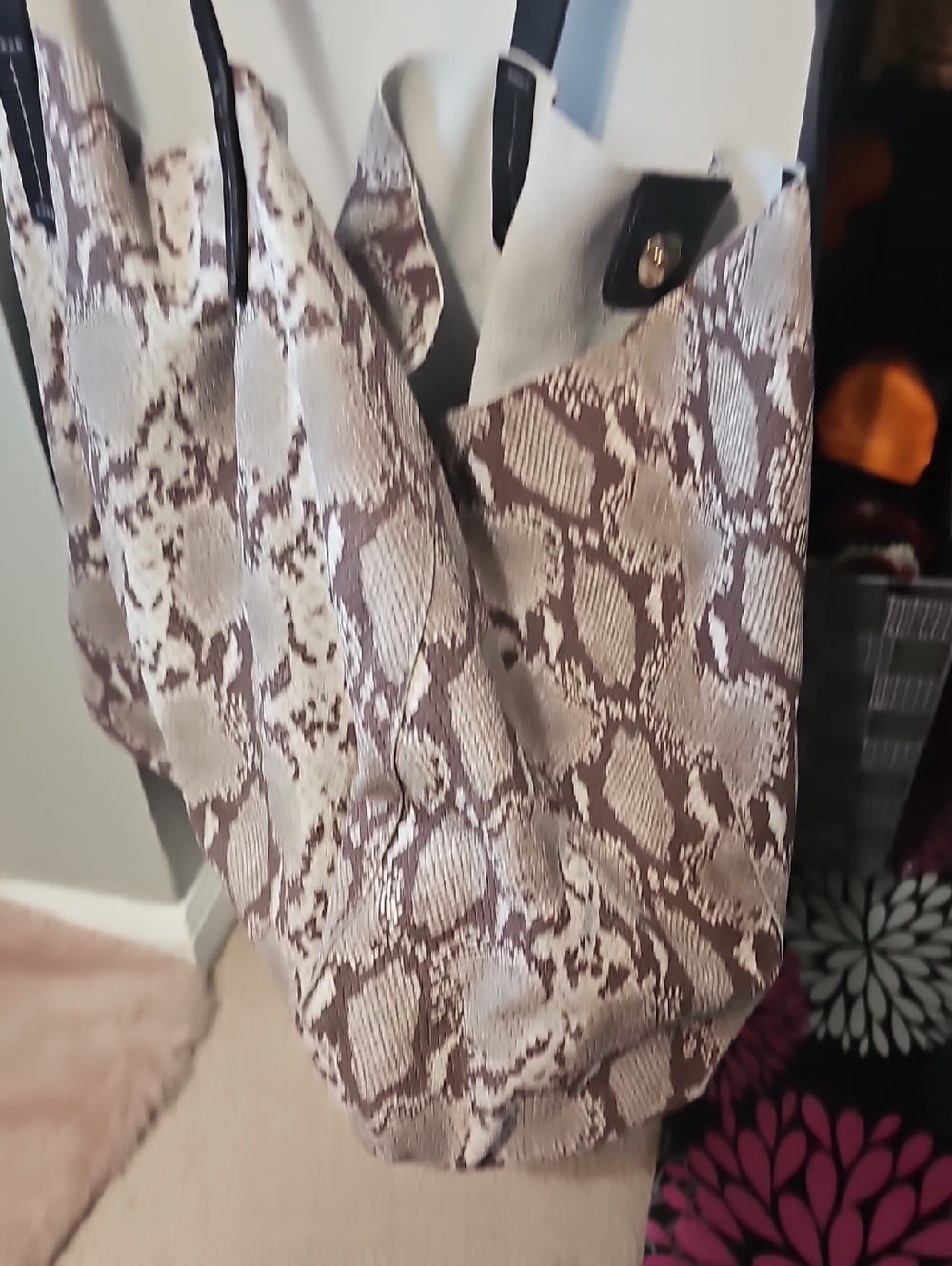 GAP Beige and Brown Snake Print Leather Tote Bag